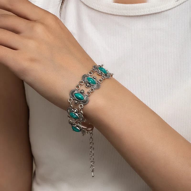 Womens Vintage Western Oval Turquoise Bracelet Antique Silver Filigree Adjustable Red Stone Accent Bulk Wholesale Bohemian 2026
