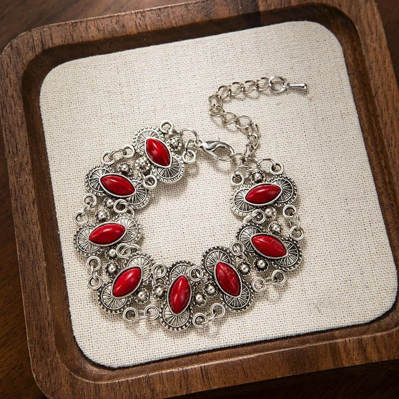 Womens Vintage Western Oval Turquoise Bracelet Antique Silver Filigree Adjustable Red Stone Accent Bulk Wholesale Bohemian 2026