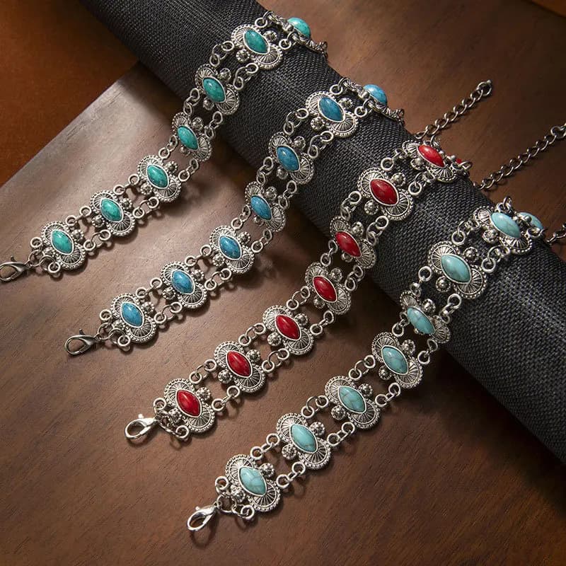Womens Vintage Western Oval Turquoise Bracelet Antique Silver Filigree Adjustable Red Stone Accent Bulk Wholesale Bohemian 2026