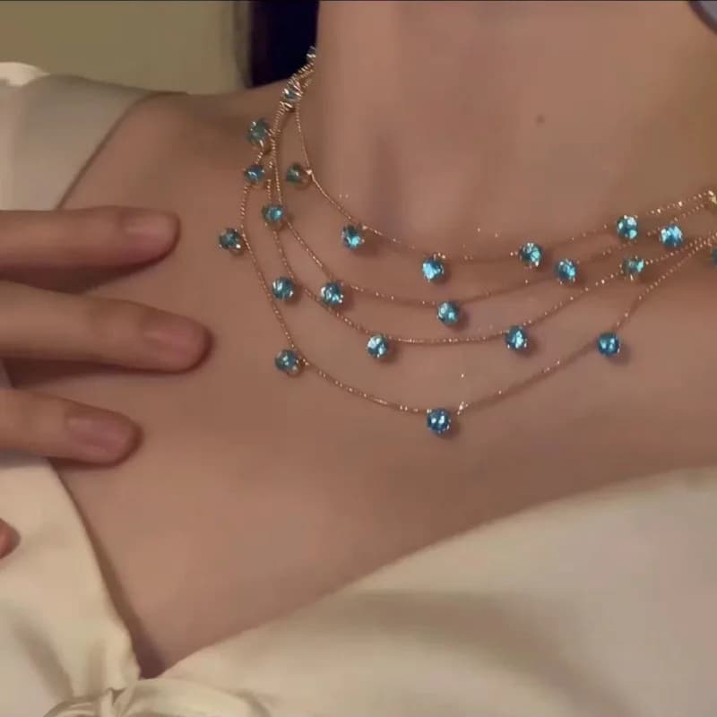 Trendy Elegant Multi-Layer Link Chain Pendant Necklace Blue Crystal Diamond Pearl Heart Animal Alloy Zircon Perfect Clavicle