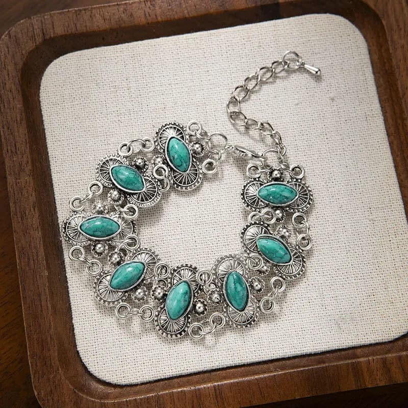 Womens Vintage Western Oval Turquoise Bracelet Antique Silver Filigree Adjustable Red Stone Accent Bulk Wholesale Bohemian 2026